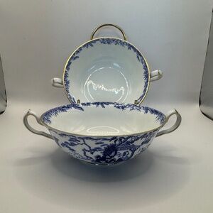 Royal Crown Derby Blue Mikado double handled soup bowl - set of 2. EUC.